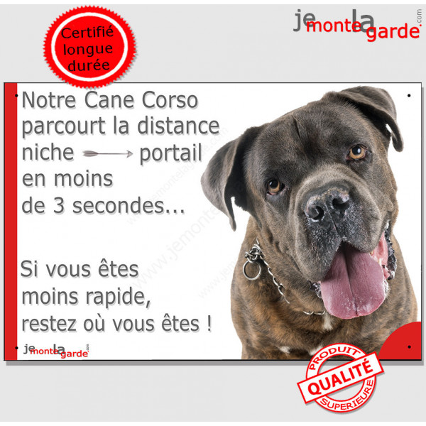 Cane Corso bringé Tête, Plaque Portail "Attention au chien, parcourt distance portail 3 secondes" photo