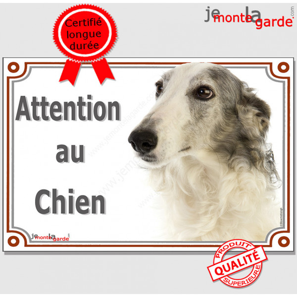 Lévrier Barzoï gris-bleu et blanc, plaque portail "Attention au Chien" pancarte panneau photo