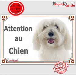 Coton de Tuléar entièrement blanc, plaque portail "Attention au Chien" pancarte panneau photo