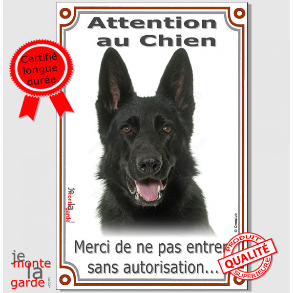 Berger Allemand noir à Poils Courts, plaque portail verticale "Attention au Chien, interdit sans autorisation" pancarte photo