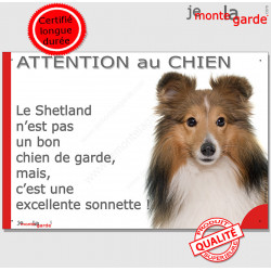 Plaque portail humour "Attention au Chien, notre Berger des Shetlands fauve et blanc est une sonnette" pancarte panneau drôle ph