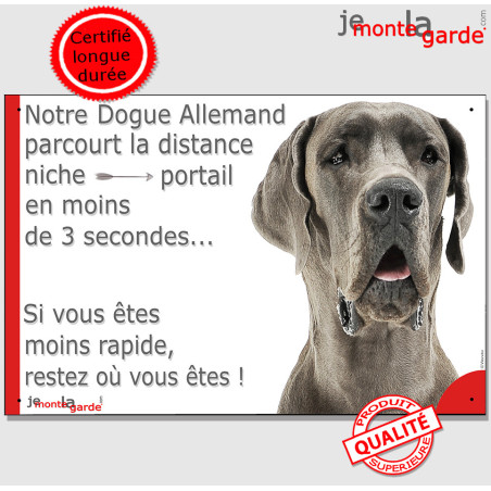Danois gris bleu, plaque humour "Notre Dogue Allemand parcourt la distance Niche-Portail en moins de 3 secondes" 2 Tailles D Danois gris bleu, plaque humour "Notre Dogue Allemand parcourt la distance Niche-Portail en moins de 3 secondes" 2 Tailles D