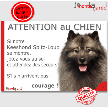 Keeshond, Spitz-Loup, plaque portail humour "Attention au Chien, se montre, Jetez Vous au Sol, attendez des secours, courage" ph