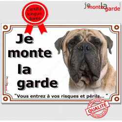 Bullmastiff Fauve Sable Tête, Plaque portail "Je Monte la Garde, risques périls" panneau affiche pancarte photo beige