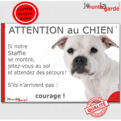 Staffie tout blanc, plaque humour " Jetez Vous au Sol, Attention au Chien, courage" pancarte panneau bull staffordshire Terrier