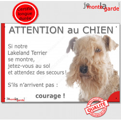 Lakeland Terrier, plaque portail humour "Attention au Chien, Jetez Vous au Sol, attendez secours, courage" pancarte drôle photo