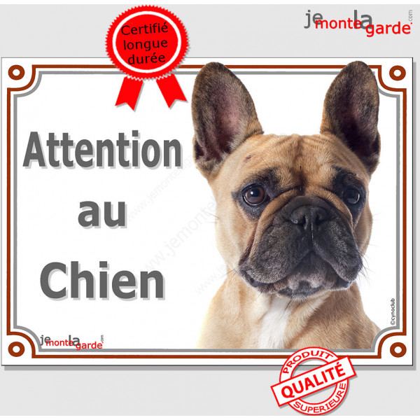 Bouledogue Français fauve Tête, plaque portail "Attention au Chien" pancarte panneau photo bulldog beige sable