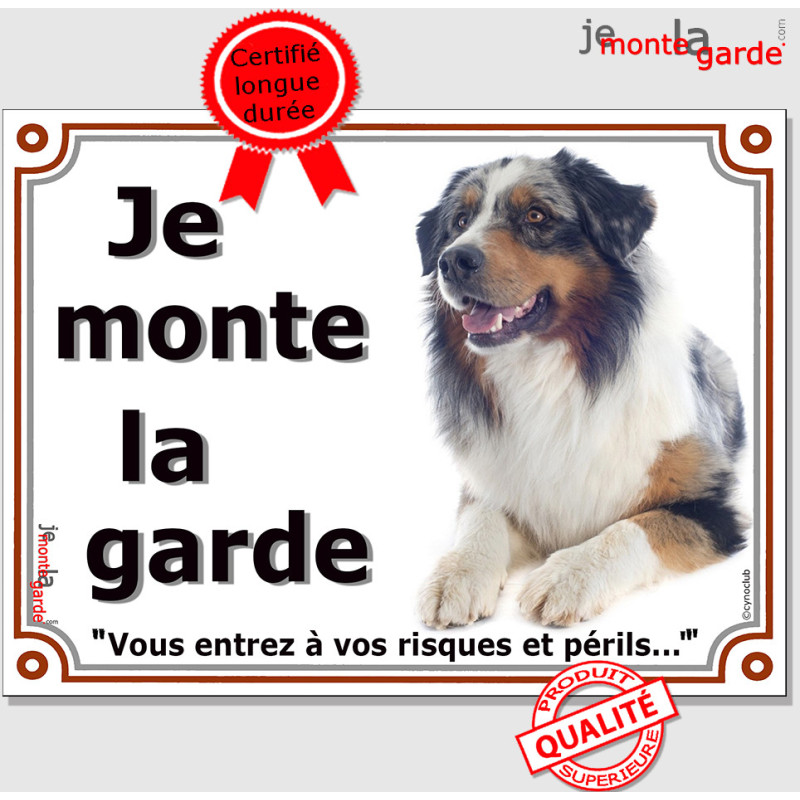Berger Australien Bleu Merle couché, plaque portail "Je Monte la Garde, risques périls" affiche panneau pancarte photo Berger Australien Bleu Merle couché, plaque portail "Je Monte la Garde, risques périls" affiche panneau pancarte photo