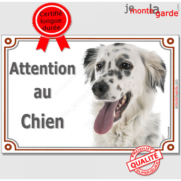 Setter Anglais noir et blanc Tête, plaque portail "Attention au Chien" pancarte porte, panneau rue, affiche entrée