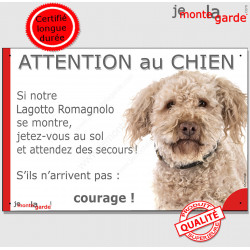 Lagotto Romagnolo, chien d'eau Romagnol, plaque portail humour "Attention au Chien, Jetez Vous Sol, attendez secours, courage