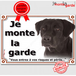 Labrador noir, plaque portail "Je Monte la Garde risques périls" pancarte panneau photo