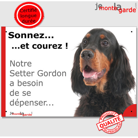 Plaque portail humour "Sonnez et Courez ! Notre Setter Gordon noir feu besoin dépenser" photo Attention au Chien, résiste pluie