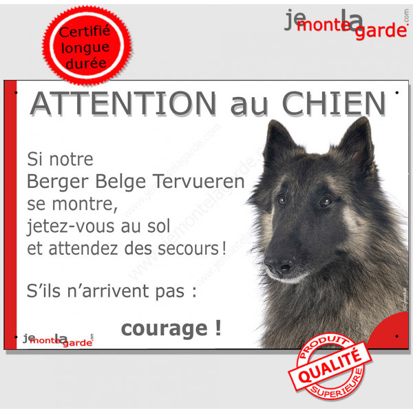 Berger Belge Tervueren, plaque portail humour "Attention au Chien, Jetez Vous au Sol, attendez secours, courage" pancarte drôle 