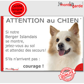Berger Islandais fauve et blanc, plaque portail humour "Attention au Chien, Jetez Vous au Sol, attendez secours, courage" photo,