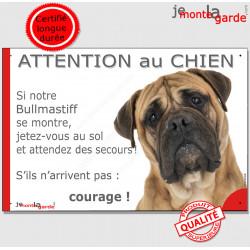 Bullmastiff fauve, plaque portail humour "Attention au Chien, Jetez Vous au Sol, attendez secours, courage" pancarte drôle photo