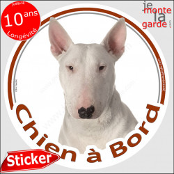 Bull Terrier tout blanc, sticker autocollant rond "Chien à Bord" disque adhésif voiture, vitre auto