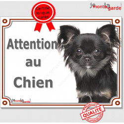 Chihuahua poils longs noir et feu Tête, Plaque portail "Attention au chien" panneau affiche pancarte photo