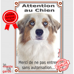 Berger Australien Blanc et Rouge Merle tête, Plaque "Attention au Chien, entrer sans autorisation" panneau photo