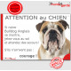Bulldog Anglais blanc et fauve, plaque portail humour "Attention au Chien, Jetez Vous au Sol, attendez secours, courage" photo