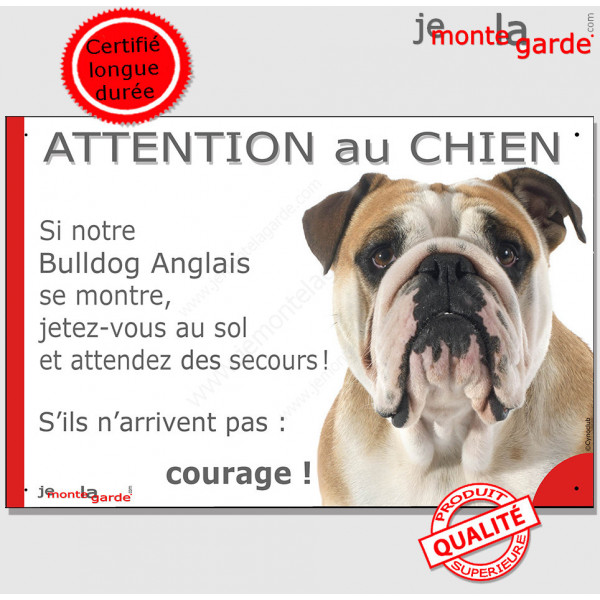 Bulldog Anglais blanc et fauve, plaque portail humour "Attention au Chien, Jetez Vous au Sol, attendez secours, courage" photo