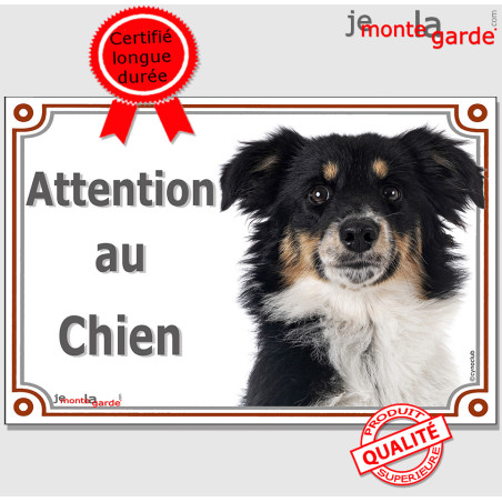 Berger Américain Miniature tricolore noir, plaque portail photo "Attention au Chien" résiste pluie soleil gel, idée cadeau, auss