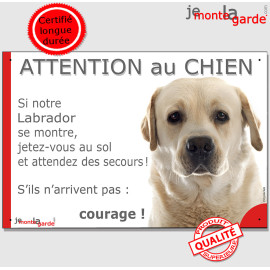 Labrador jaune sable, plaque extérieure humour "Attention au Chien, Jetez Vous au Sol, attendez secours courage" photo résiste p