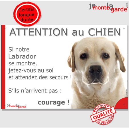 Labrador jaune sable, plaque extérieure humour "Attention au Chien, Jetez Vous au Sol, attendez secours courage" photo résiste p