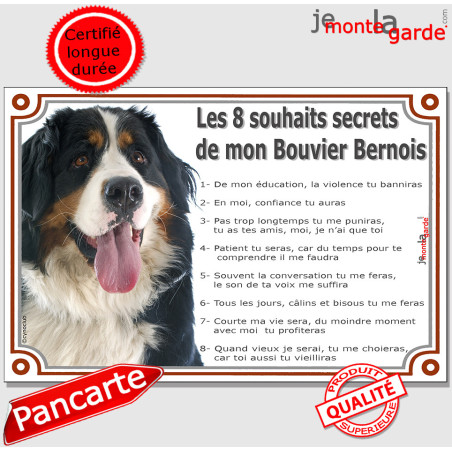 Bouvier Bernois Tête, Plaque Portail "Les 8 Souhaits Secrets" commandements éducation, résiste pluie soleil gel, idée cadeau