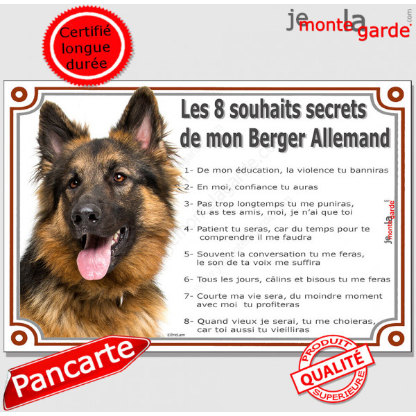 Berger Allemand Poils Longs tête, Panneau Portail, affiche panneau, plaque commandements éducation Attention au Chien