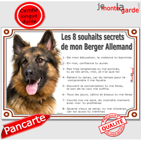 Plaque photo "Les 8 Souhaits Secrets de notre Berger Allemand" poils longs, résiste pluie soleil gel, idée cadeau, 2 tailles D
