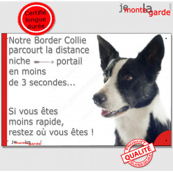 Border Collie noir et blanc poils courts, plaque humour "Attention au chien, distance Niche - Portail moins 3 secondes" 