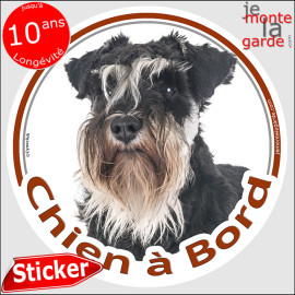 Schnauzer noir et blanc Tête, disque photo autocollant "Chien à Bord" Sticker adhésif rond vitre voiture, résiste pluie soleil g