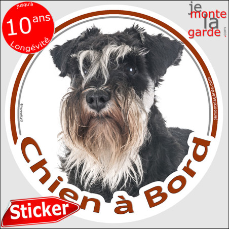 Schnauzer noir et blanc Tête, disque photo autocollant "Chien à Bord" Sticker adhésif rond vitre voiture, résiste pluie soleil g