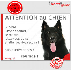 Berger Belge Groenendael tête, plaque portail humour "Attention au Chien, Jetez Vous au Sol, courage" pancarte panneau photo