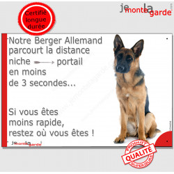 Berger Allemand Poils courts, plaque humour "Attention au chien - distance Niche - Portail moins 3 secondes" pancarte photo
