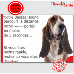 Basset Hund Assis, plaque humour "parcourt distance Niche-Portail moins 3 secondes, rapide" pancarte photo attention au chien