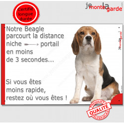 Beagle Assis, plaque attention au chien humour "Distance Niche - Portail, moins 3 secondes" pancarte panneau drôle