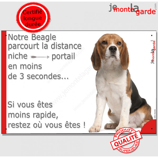 Beagle Assis, plaque attention au chien humour extérieur "Distance Niche - Portail, moins 3 secondes" photo drôle