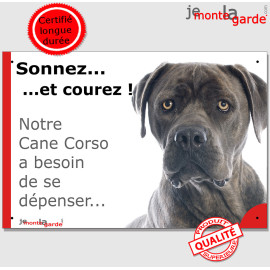 Plaque portail humour "Sonnez et Courez ! Notre Cane Corso Italiano gris bleu a besoin dépenser" photo Attention au Chien