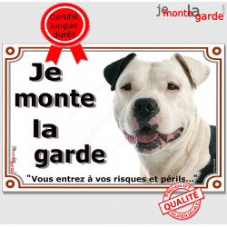 Amstaff blanc et noir, plaque portail "Je Monte la Garde, risques et périls" panneau pancarte photo