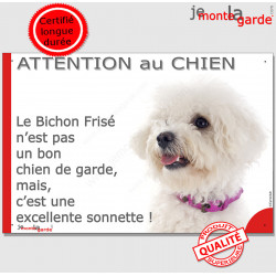 plaque portail humour "Attention au Chien, notre Bichon Frisé garde est une sonnette" pancarte photo