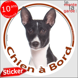 Basenji noir et blanc, disque autocollant voiture "Chien à Bord" Rond photo vitre adhésif, résiste pluie soleil gel, idée cadeau