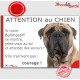 Bullmastiff fauve clair, plaque portail humour "Attention au Chien, Jetez Vous au Sol, attendez secours, courage" pancarte drôle