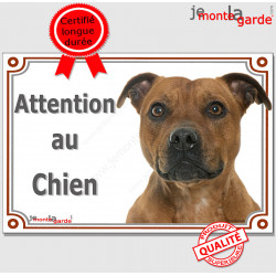 Staffie Fauve Tête, plaque portail extérieure "Attention au Chien" pancarte staffy photo Staffordshire Bull-Terrier marron