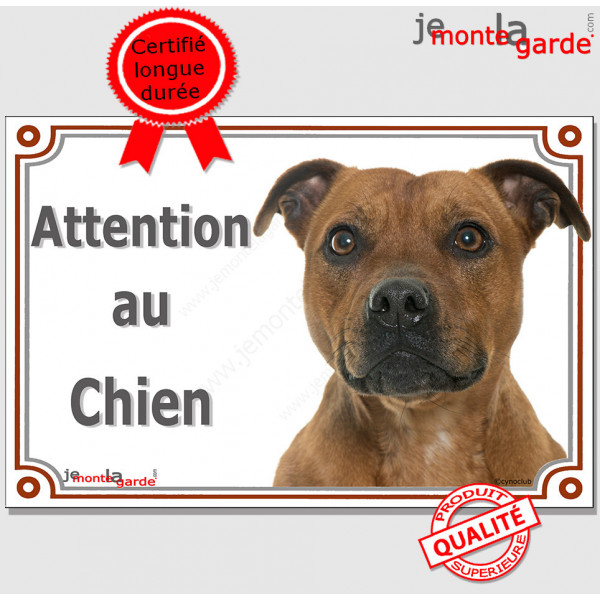 Staffie Fauve Tête, plaque portail "Attention au Chien" panneau affiche pancarte, staffy photo Staffordshire Bull-Terrier marron