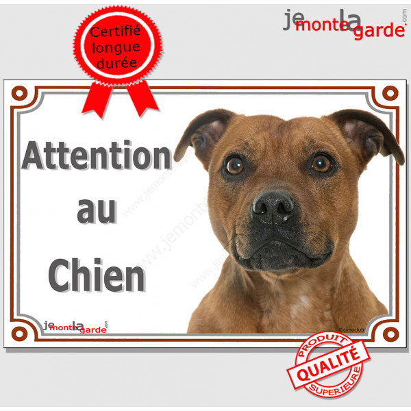 Staffie Fauve Tête, plaque portail extérieure "Attention au Chien" pancarte staffy photo Staffordshire Bull-Terrier marron