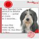 Bearded Collie noir et blanc, plaque humour "parcourt distance Niche-Portail moins 3 secondes, rapide"pancarte photo attention