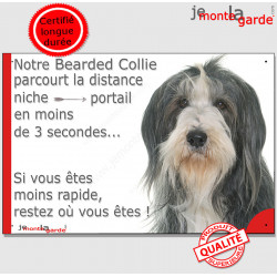 Bearded Collie noir et blanc, plaque humour "parcourt distance Niche-Portail moins 3 secondes, rapide"pancarte photo attention