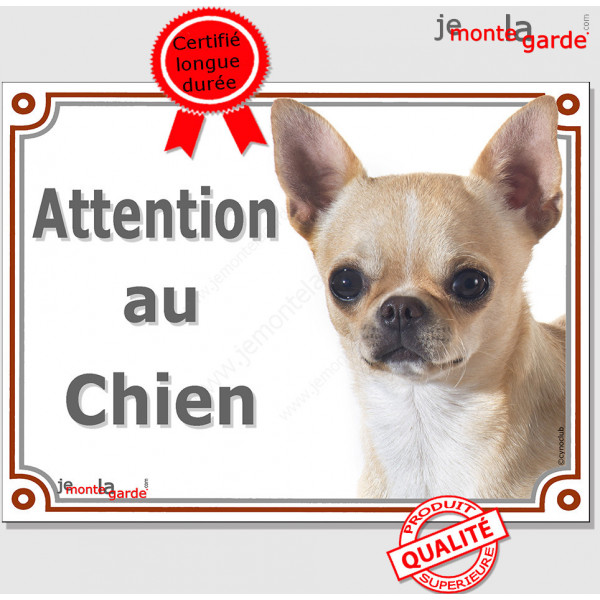 Chihuahua beige à poils courts Tête, plaque portail "Attention au Chien" pancarte panneau sable photo