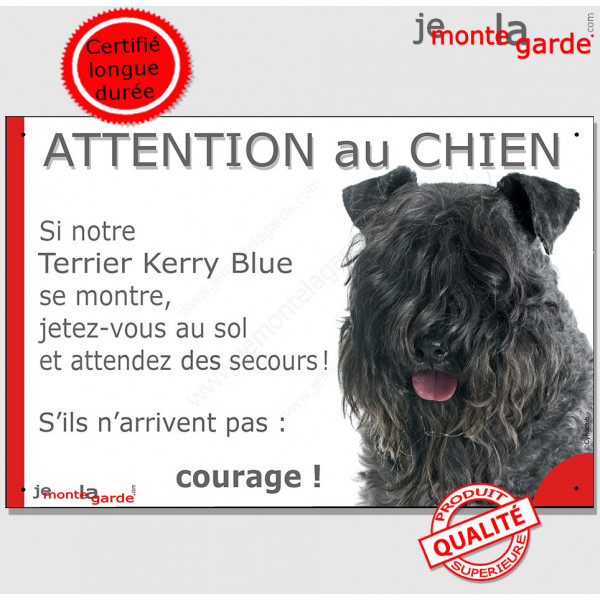 Terrier Kerry Blue, plaque portail humour "Attention au Chien, Jetez Vous au Sol, attendez secours, courage" photo pancarte